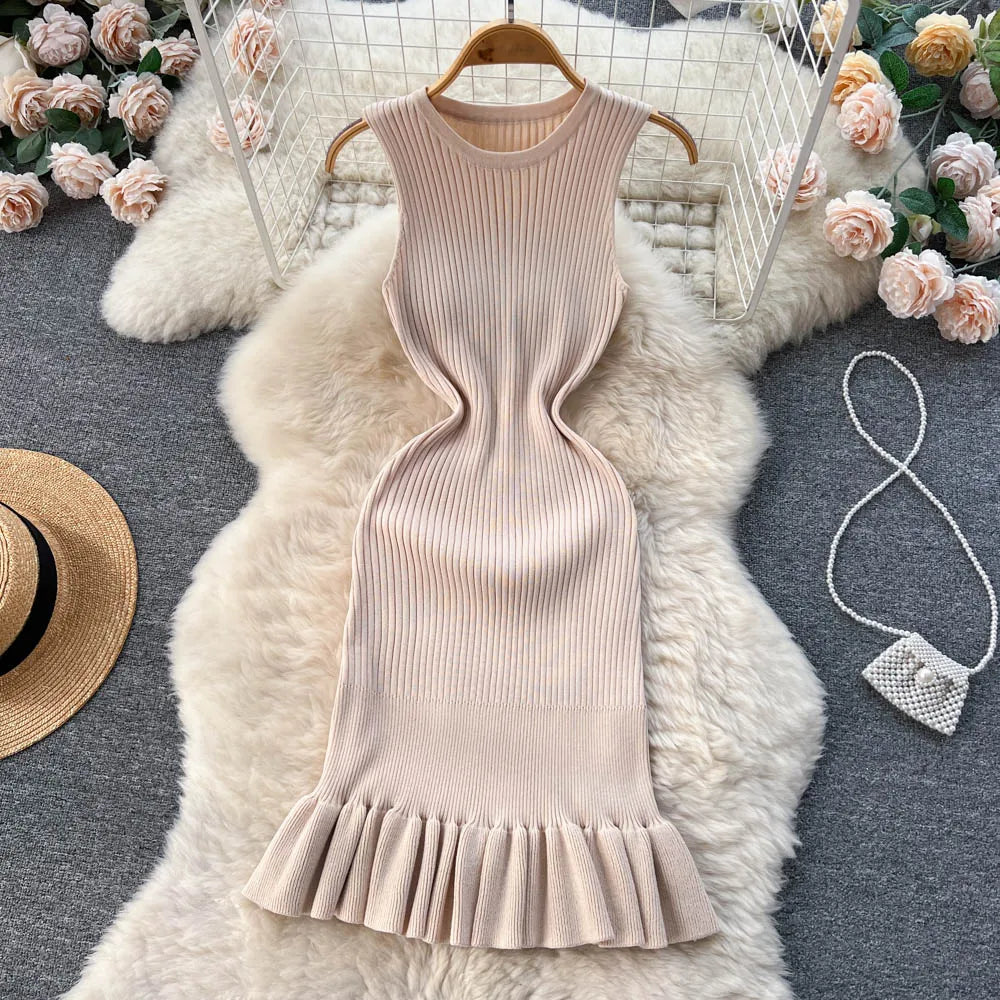 2025 Early Autumn Sexy Package Hips Ruffles Mini Dress Summer Fashion Y2K Knitted Bodycon Ladies Dress Korean Party Vestidos