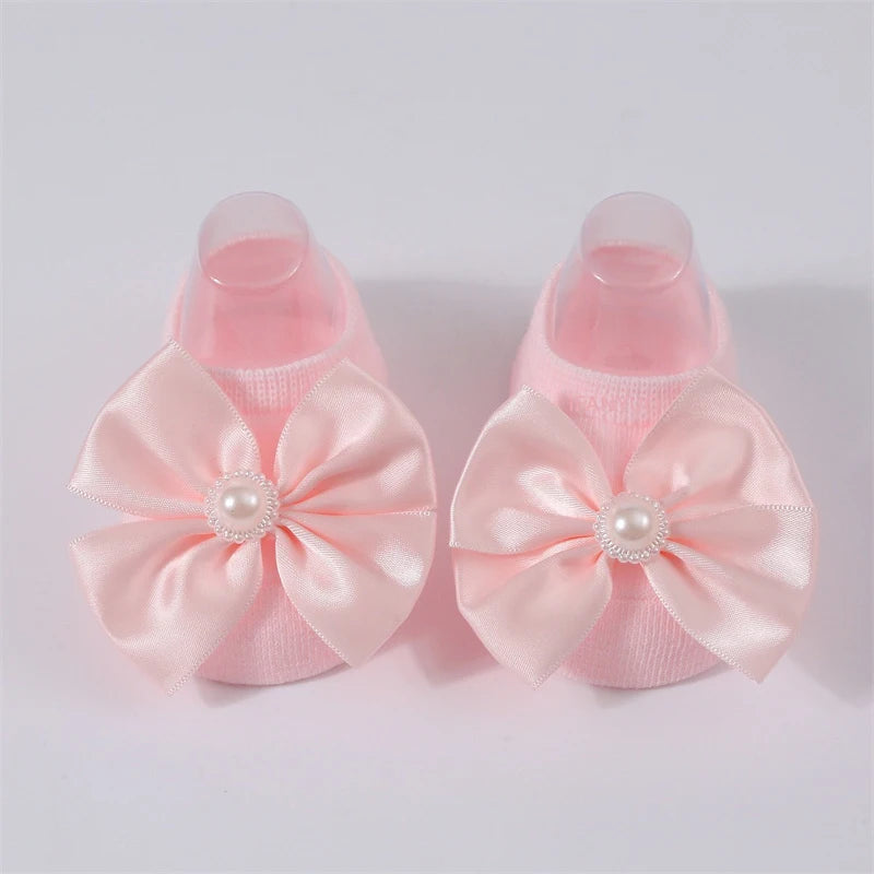 Baby Pearl Bow Solid Color Floor Socks Newborn Infant Knitted Breathable Socks Sweet Cute Girls Princess Children Birthday Gifts