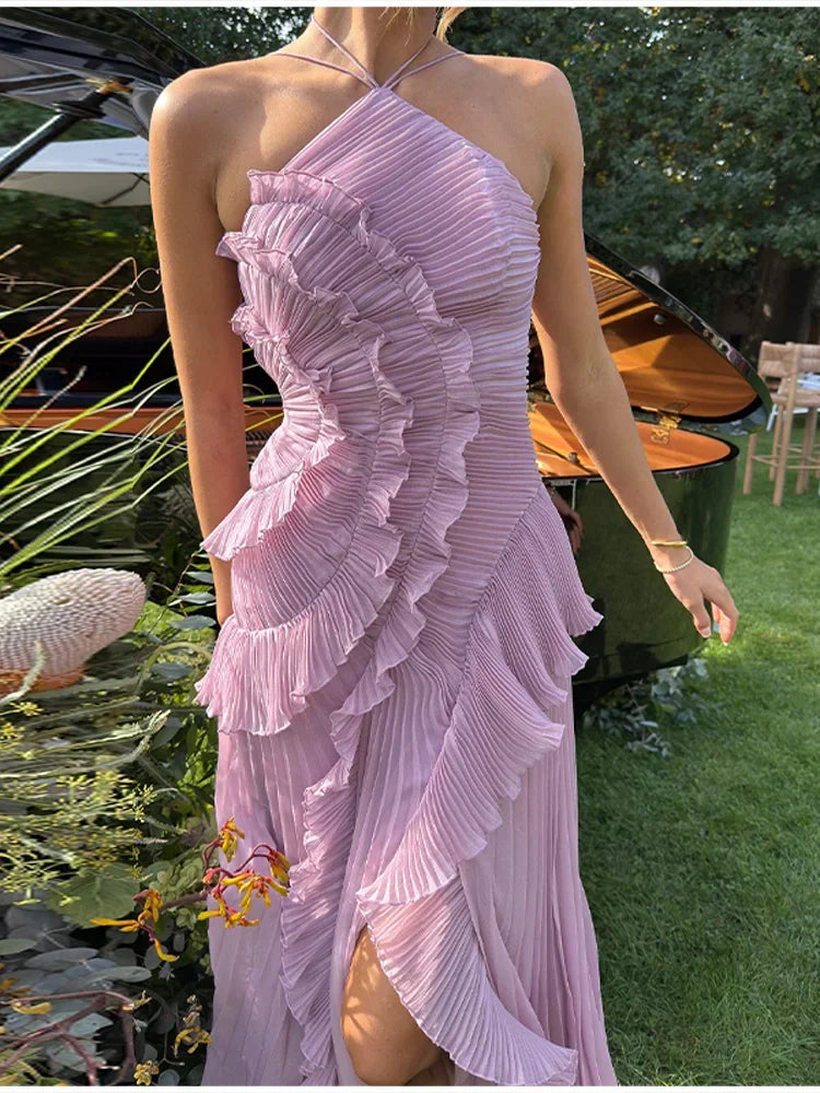 Sweet Gown Neck Strap Modest Irregular Long Dress Ruffle Eye-Catching Women Designers Dresses Summer Elegant Pastel Party Date