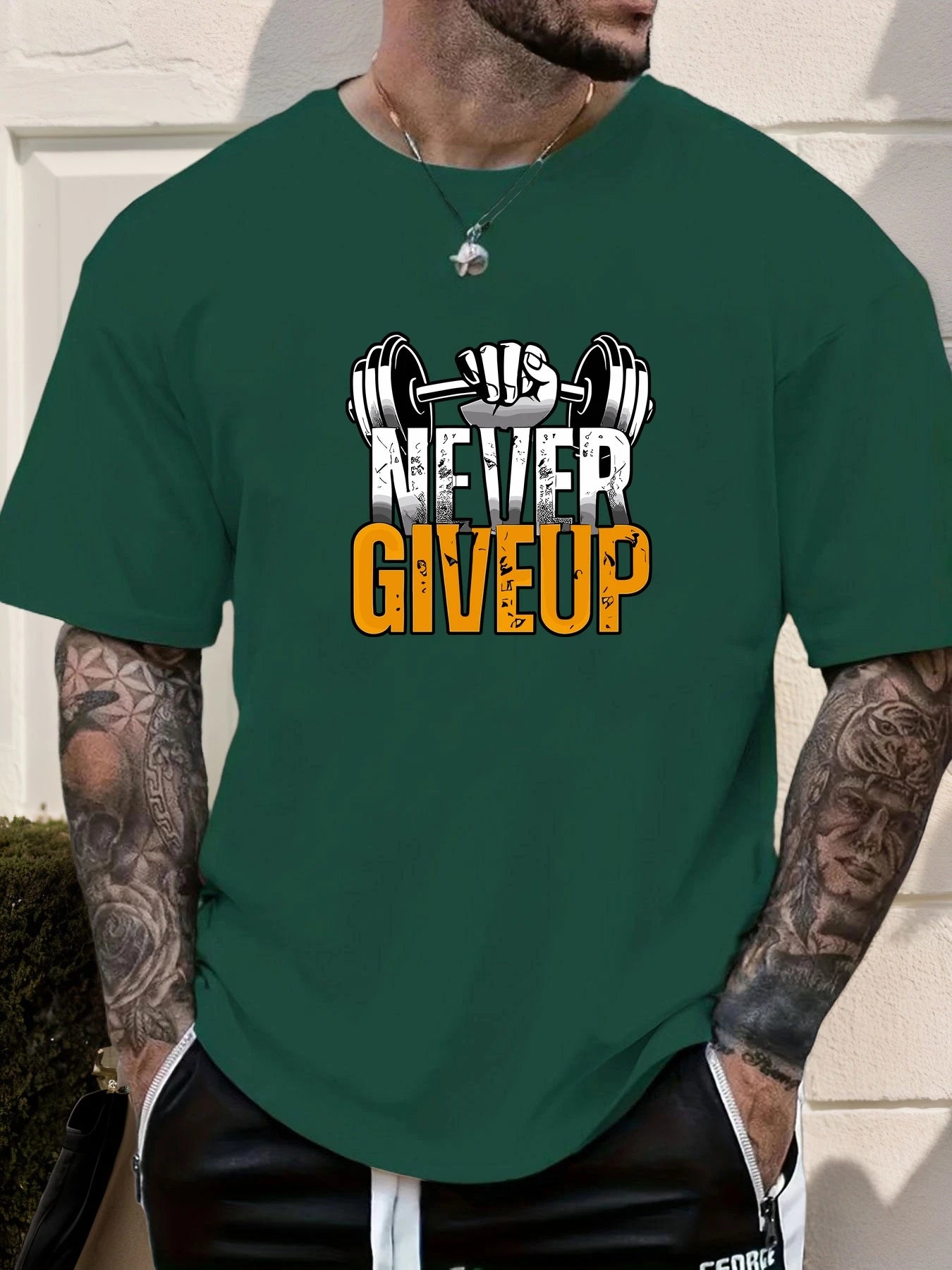 Men's Gym T-shirt Never Give Up Print Short Sleeve Soft Oversized Fitness Daily Wear