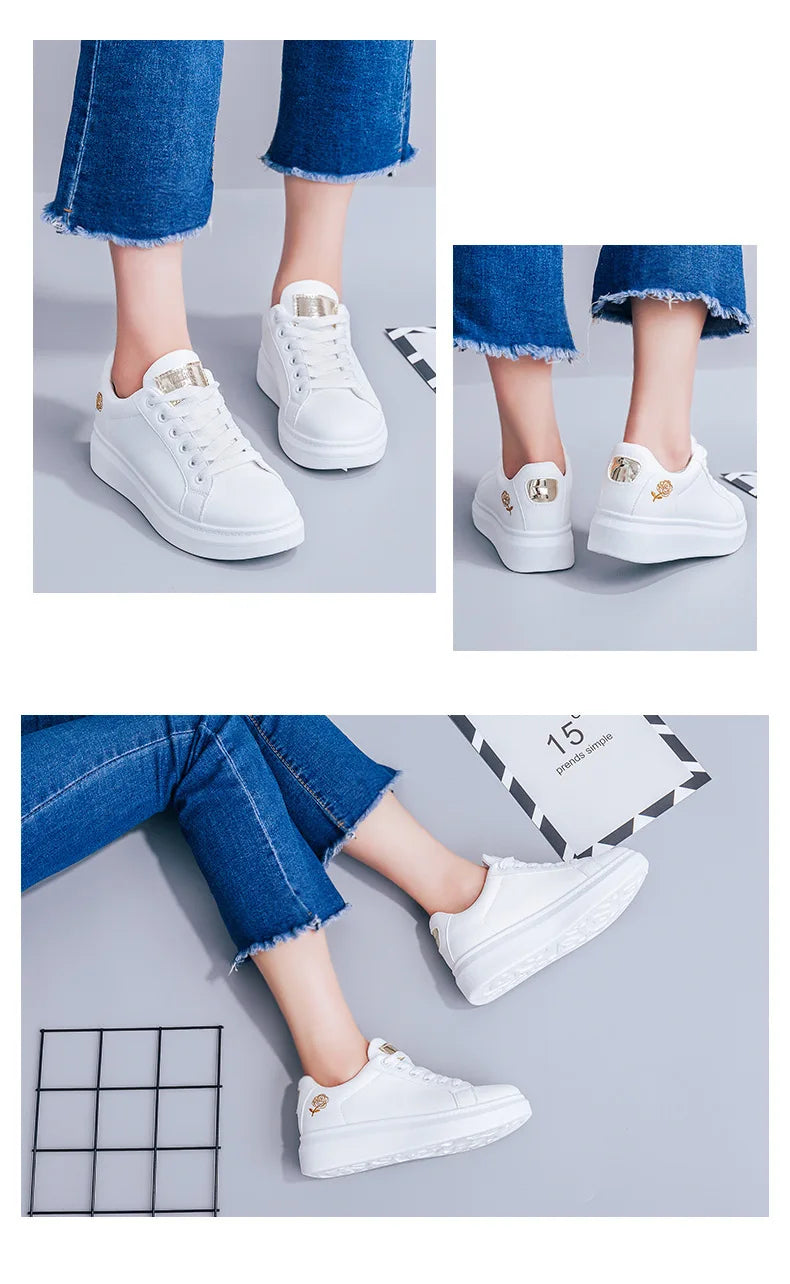 Fashion White Breathable Women Running Shoes 2023 Spring Autumn Embroidered Flower Lace-Up Casual Sneakers Zapatos De Mujer