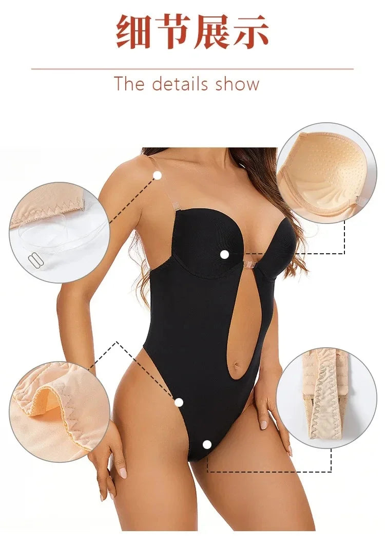 Women Shapers Underwear Backless Bodysuit Shapewear M L XL Deep V-Neck Body U Plunge Clear Strap Padded Push Up Corset