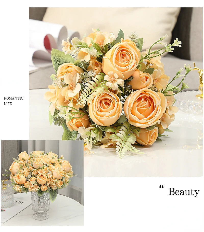 Artificial Flowers Silk Roses Bouquet Home Decor Simulation Flower Kimberley Rose Bud Hydrangea Living Room Decorative Florist