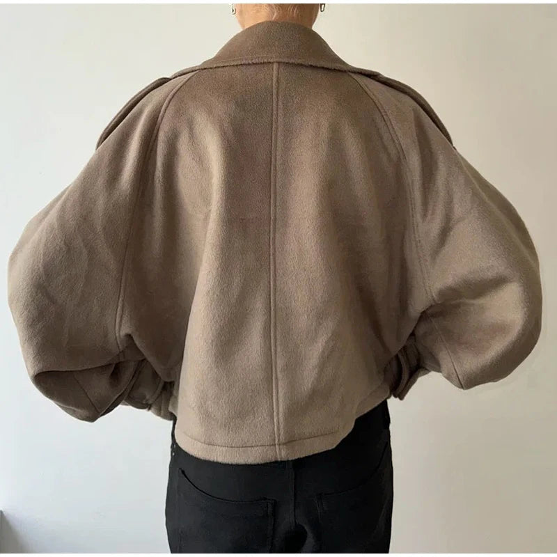 Elegant Women's Short Woolen Coats Stand Collar Double Breasted Long Sleeve Female Jacket 2025 Autumn Winter Lady Warm Outwear