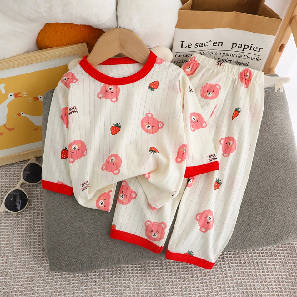 Spring Winter Kids Long Sleeve and Pants Pajamas Set Soft Breathable Baby Sleepwear Cartoon Bear AC Room Wear Boys Girls Clothes