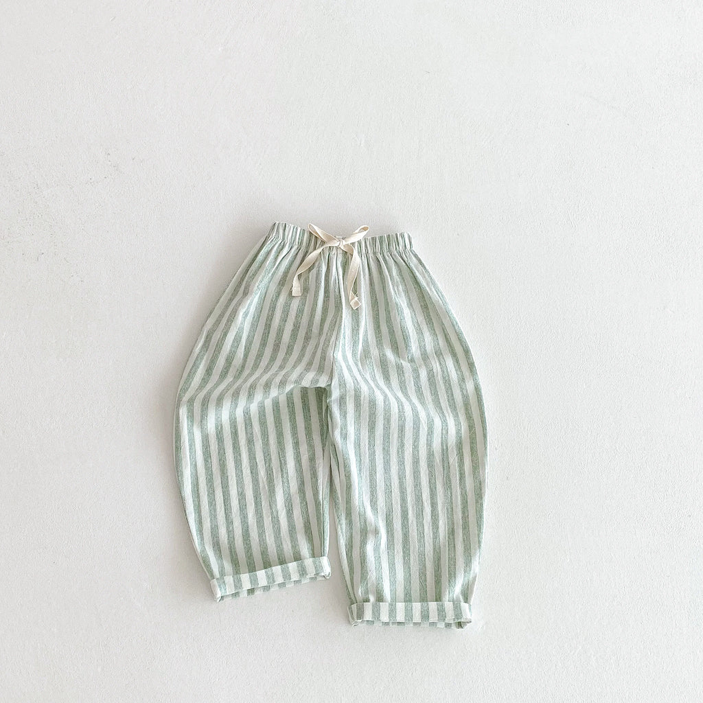 Vintage Linen Cotton Stripe Pants for Boys Casual Pocket Design Elastics Waist Pants for Toddler Girl Clothing Children Trousers