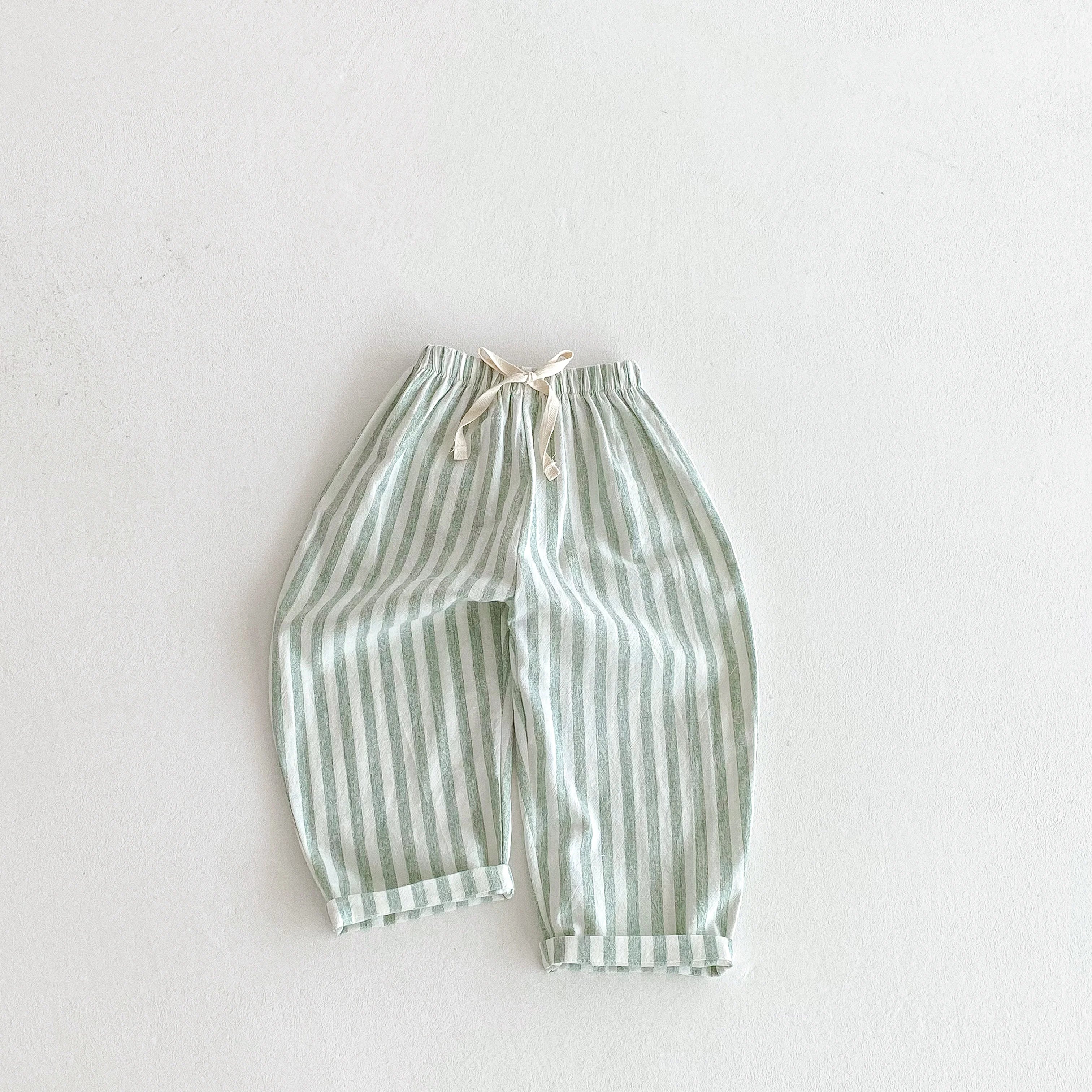 Vintage Linen Cotton Stripe Pants for Boys Casual Pocket Design Elastics Waist Pants for Toddler Girl Clothing Children Trousers