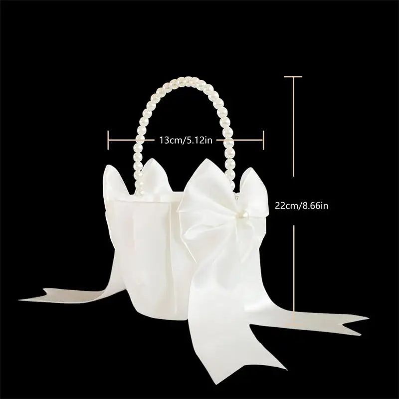1-2pcs Pearl Handle Flower Basket Satin White Western Rustic Bowknot Wedding Basket Foldable Flower Basket For Floral Petals