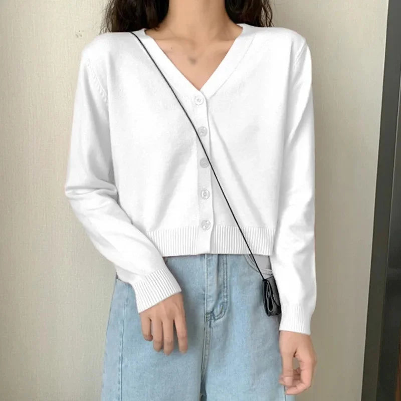 Women's Long Sleeve Cropped Cardigan V Neck Button Down Knit Lady Autumn Spring Knitted Single-breasted Cardigan Sweaters