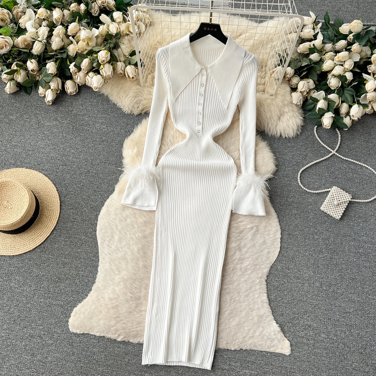YuooMuoo Women Dress 2025 Autumn Winter Elegant Fur Long Sleeve Knitted Sweater Dress Chic Lady Wrap Hips Bodycon Long Vestidos