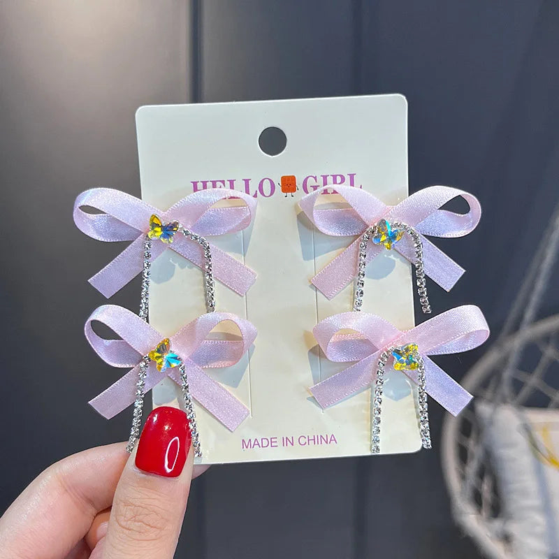 4PCS/Set Shiny Rhinestone Chains Bow Hair Clips New Sweet Girl Tassel Sided Clips Korean Barrettes Kids Headwear Hair Accessory