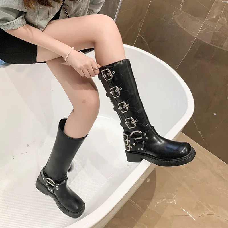 Woman Boots Knee High Platform Elegant Low Heel Trend Punk Gothic New Rock Leather Fashion Women's Shoes Motorcycle Footwear