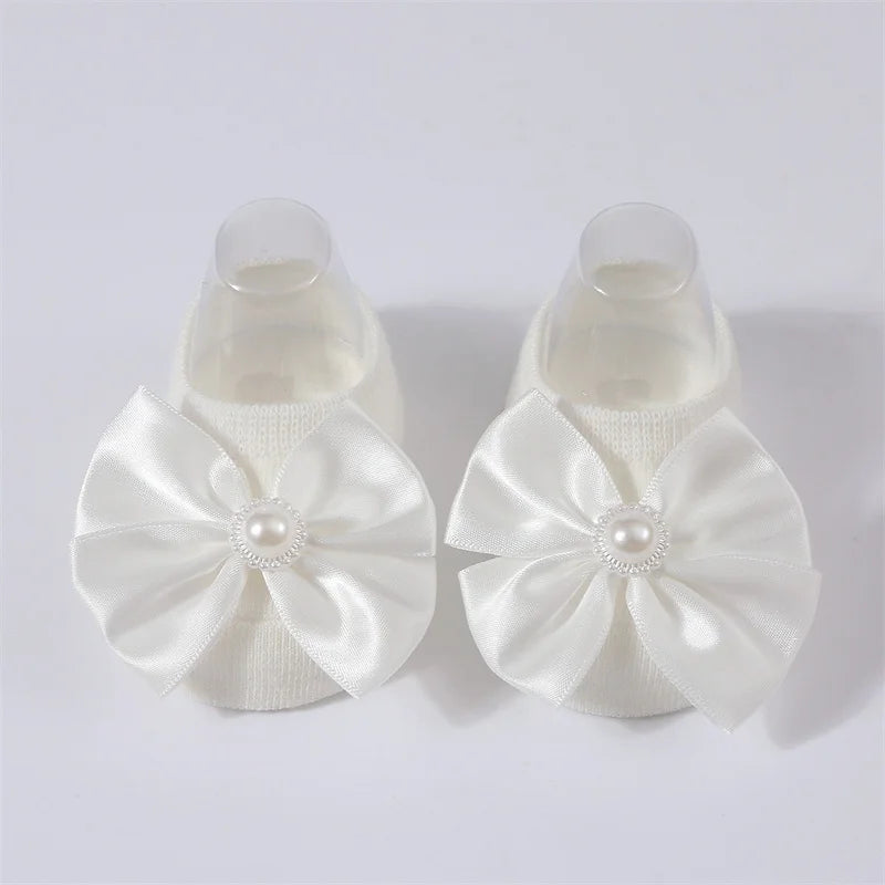 Baby Pearl Bow Solid Color Floor Socks Newborn Infant Knitted Breathable Socks Sweet Cute Girls Princess Children Birthday Gifts