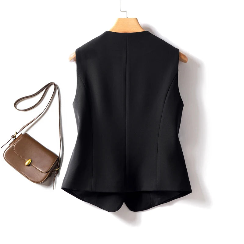 Black V-neck short double-breasted vest women's jacket spring and autumn workplace Slim and thin