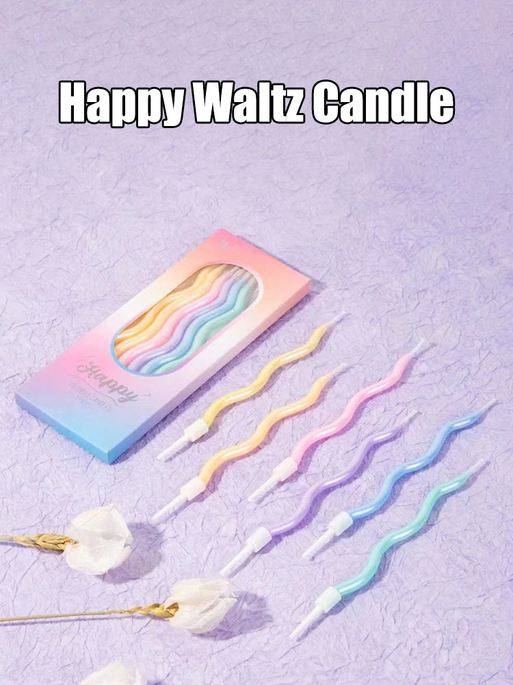 Six Birthday Candles In Various Colors, Including Curved, Rotating, Spiral Cakes, For Baking