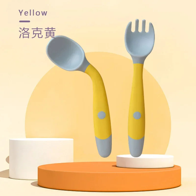 Baby Children Spoon Fork Set Soft Bendable Silicone Scoop Fork Kit Tableware Toddler Training Feeding Cutlery Utensils Tableware