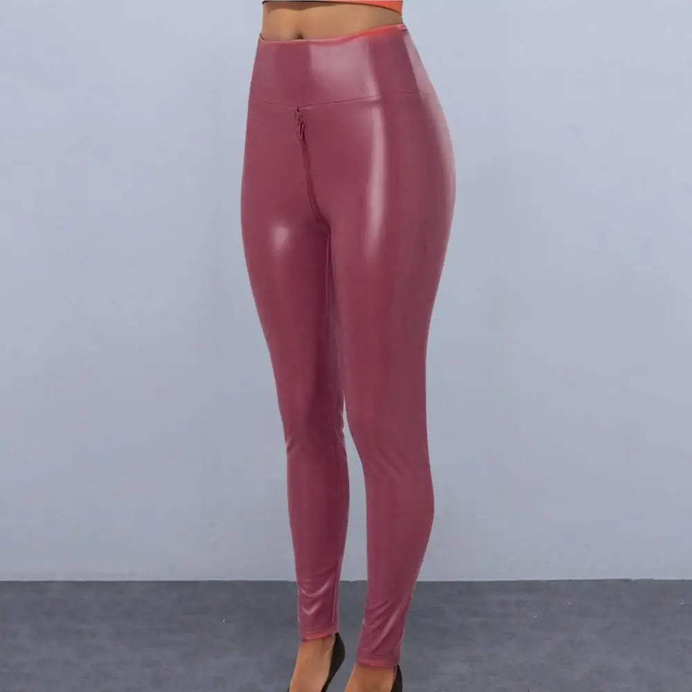 Women Pants Skinny Tummy Control Faux Leather Zipper Open Crotch Lady Trousers Butt-lifted Matte Exotic Bodycon Trousers