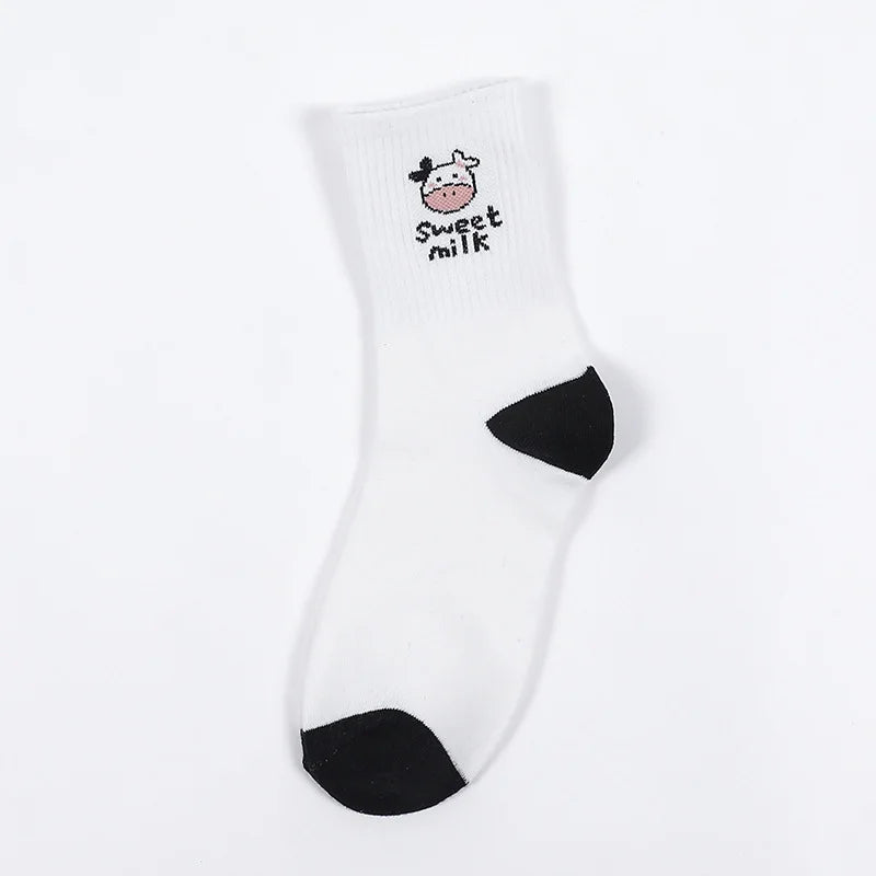 Cute Cow Print Socks for Women White Black Funny Cartoon Animals Sock Girls on Sale Fashion Casual Streetwear Skateboard