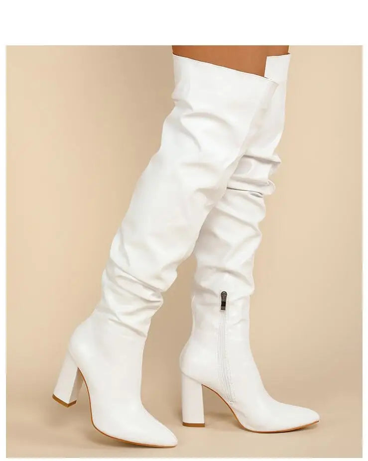 Sexy High Quality Pleated cowhide Leather Motorcycle Over The Knee Boots Women Fashion Pointed Toe Thigh High Lady Shoes Large