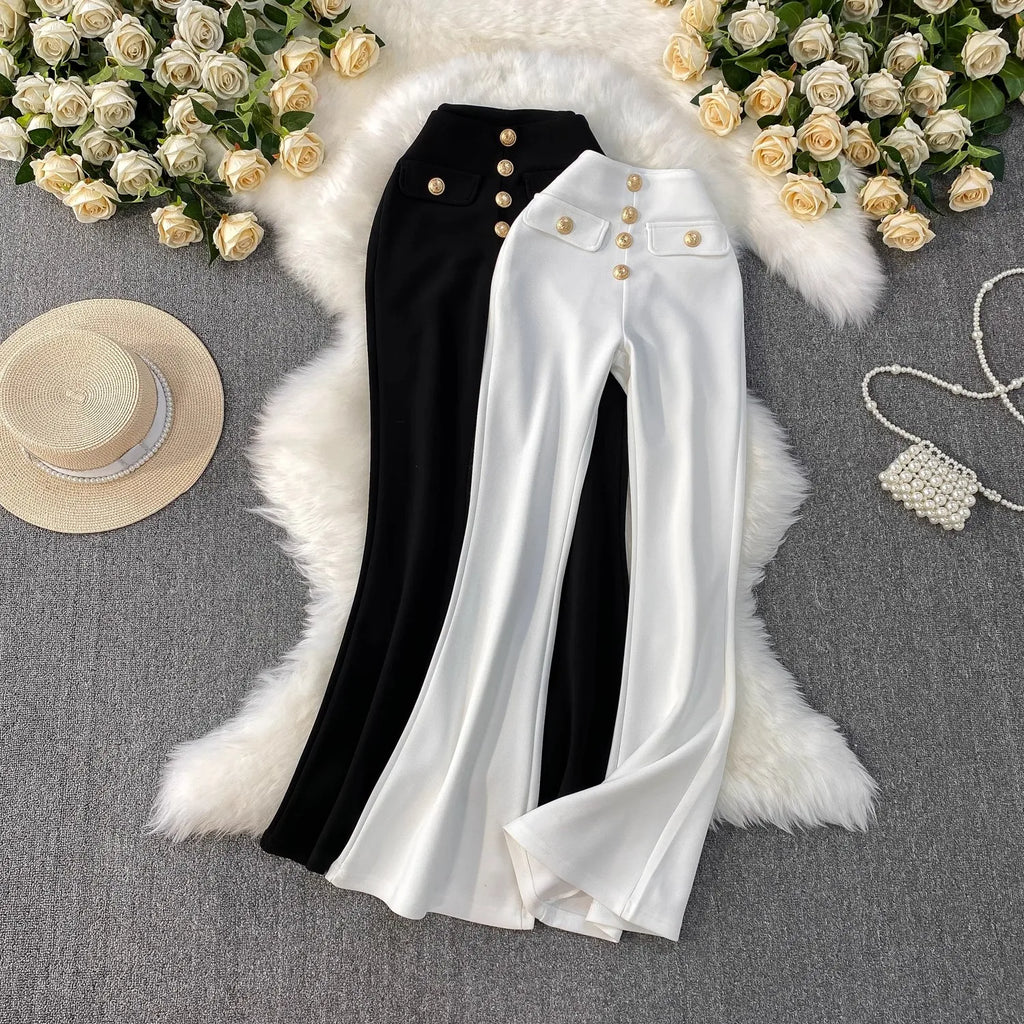 White Micro Flared Pants Spring Summer High Waist Metal Button Slim Fit Floor Length Trousers Elegant Commuting Suit Pants Women
