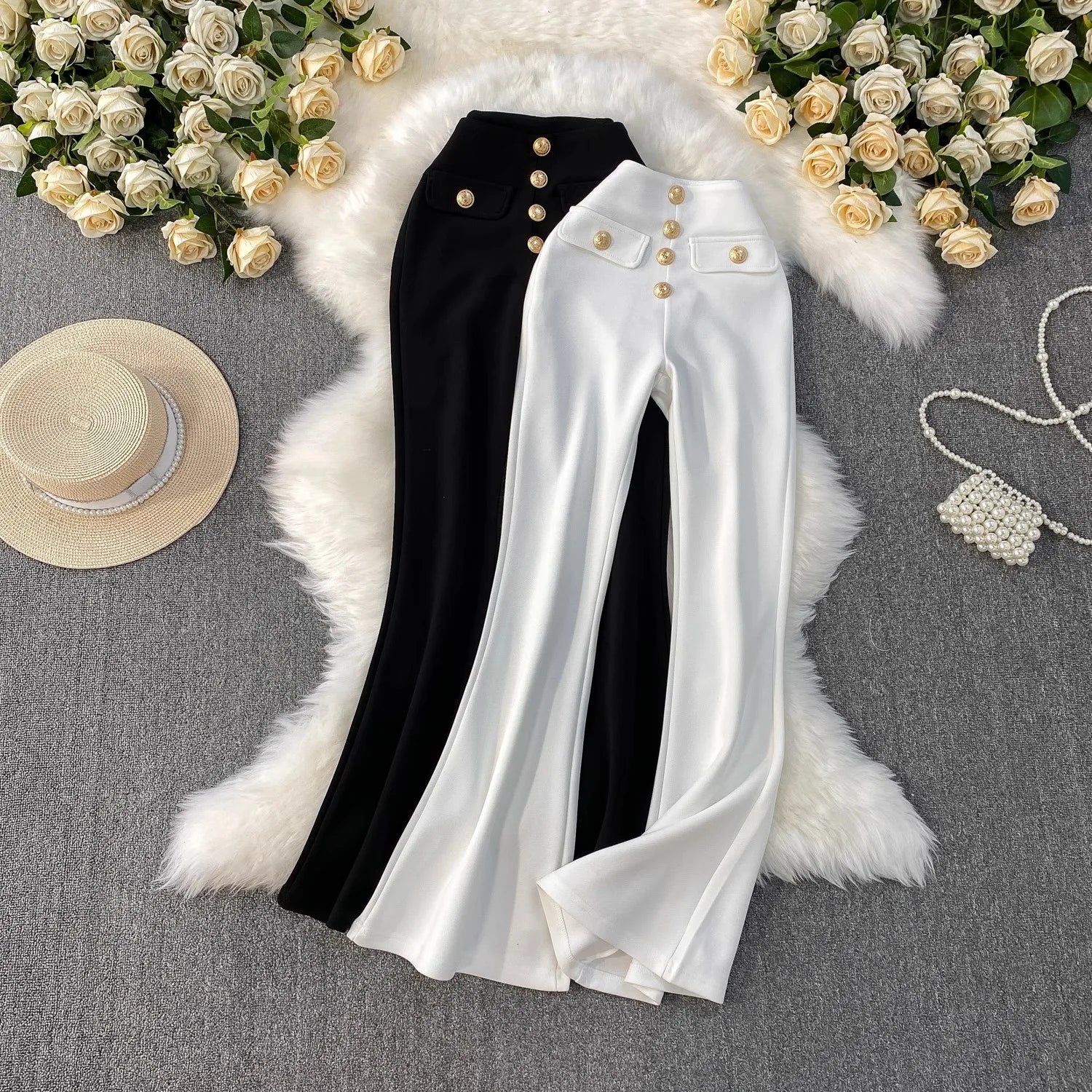 White Micro Flared Pants Spring Summer High Waist Metal Button Slim Fit Floor Length Trousers Elegant Commuting Suit Pants Women