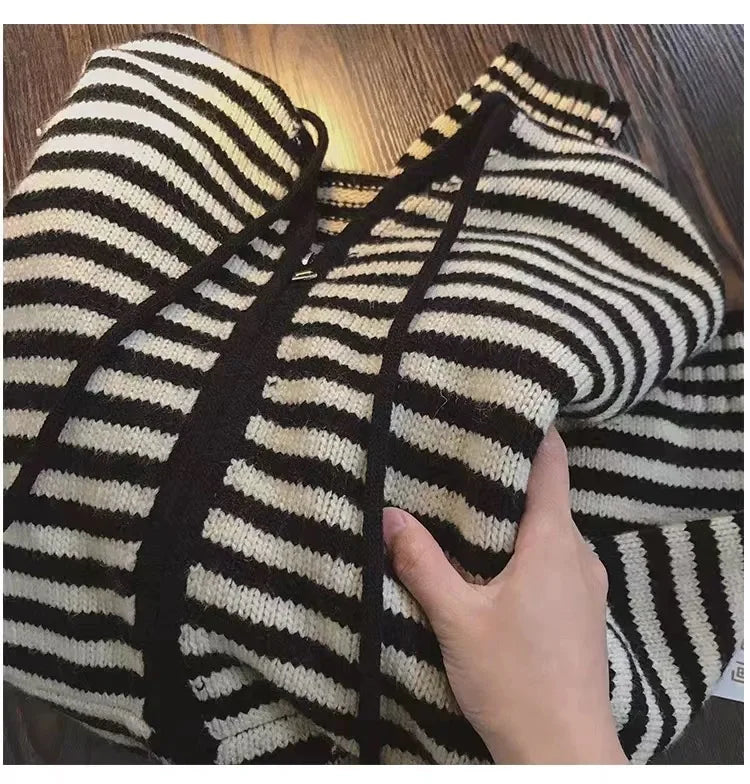 Oversized Knitted Striped Hooded Cardigan Women Autumn Winter Loose Casual Zipper Sweaters Versatile Knitting Outerwear