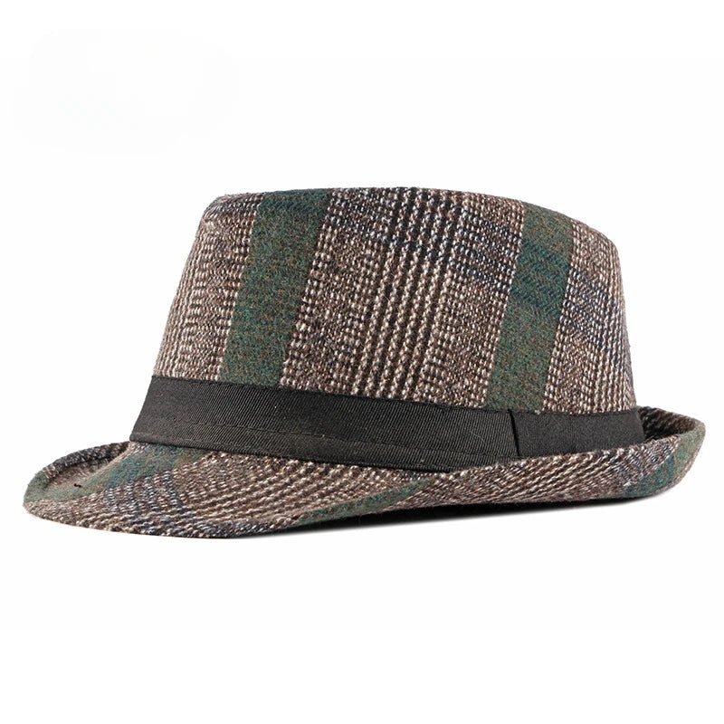 Spring Summer New Vintage Checked Top Hat Men's Middle-aged and Elderly Woolen Gentleman's Hat Jazz Hat
