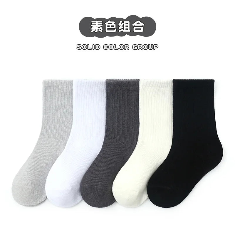 5 Pairs/Lot Autumn Winter High Elastic Simple Children Socks Korean Cotton Stripes Solid Color Alphabet Boys Girls Socks 1-12 Y