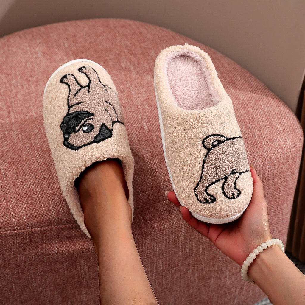 Pet Pattern Pug Pug Pug Embroidered Plush Home Thick-Soled Comfortable Woolen Cotton Slippers Cute Warm Non-Slip Indoor Slippers Pet Mom Gifts for Men and Women Can Wear