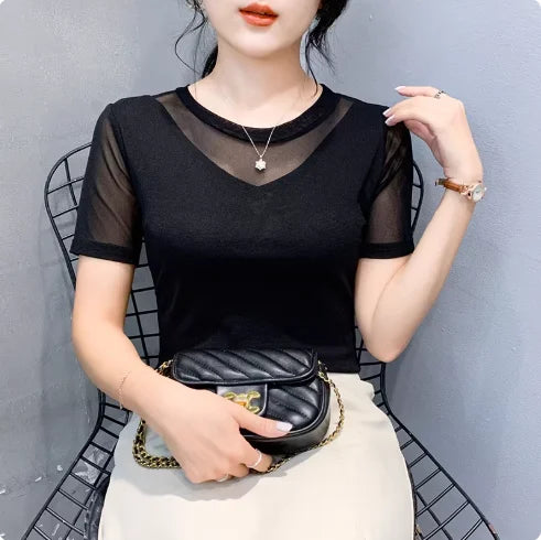 Autumn Winter Round Neck T shirt Women Sexy Mesh Bottoming Shirt Long Sleeve Solid Color Slim Fit Long Sleeve Casual Tops