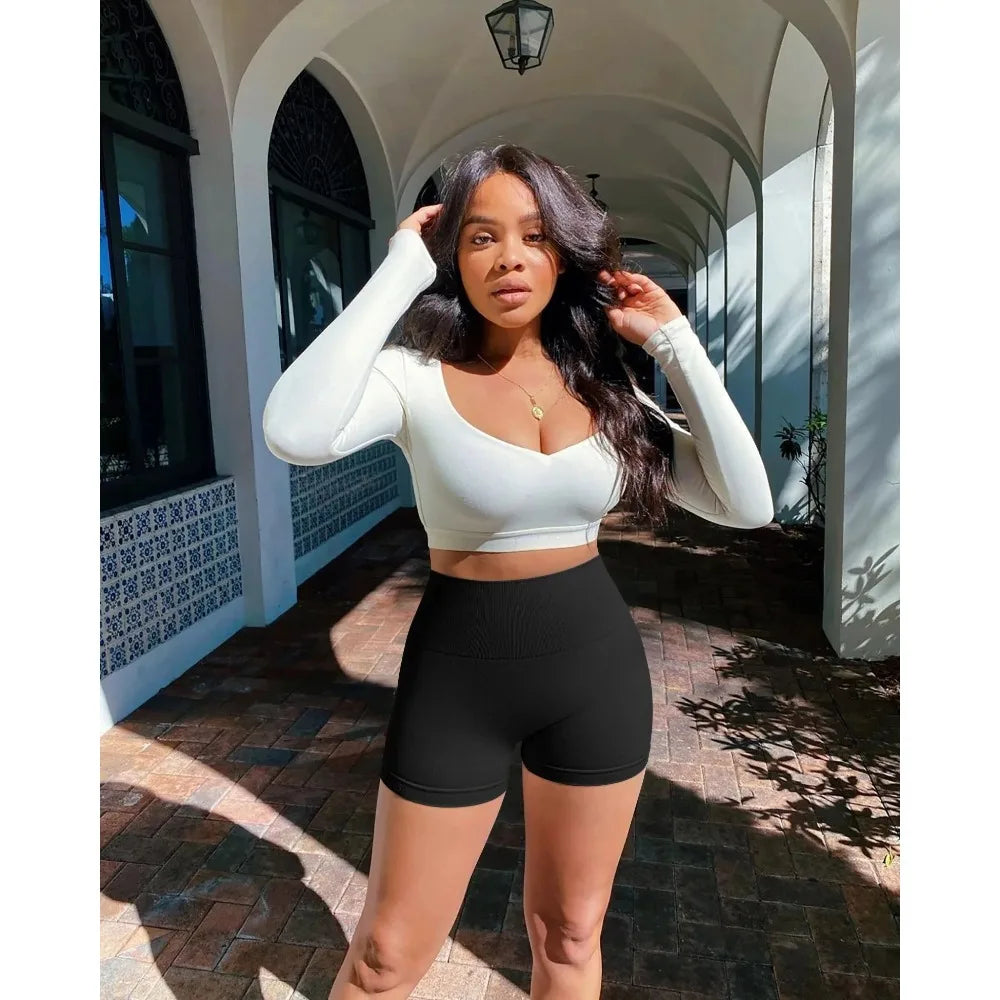 Seamless Gym Sexy Shorts Woman Summer Sport Fitness Shorts Thread Striped Skinny Activewear Running Compression Shorts