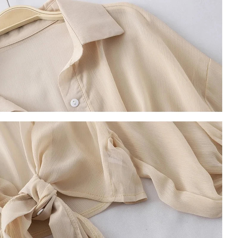 Women Summer Bat Half Sleeve Chiffon Shirt Casual Loose Button Hollow White Clothes Elegant Solid Color Tied Waist Blouse 9776