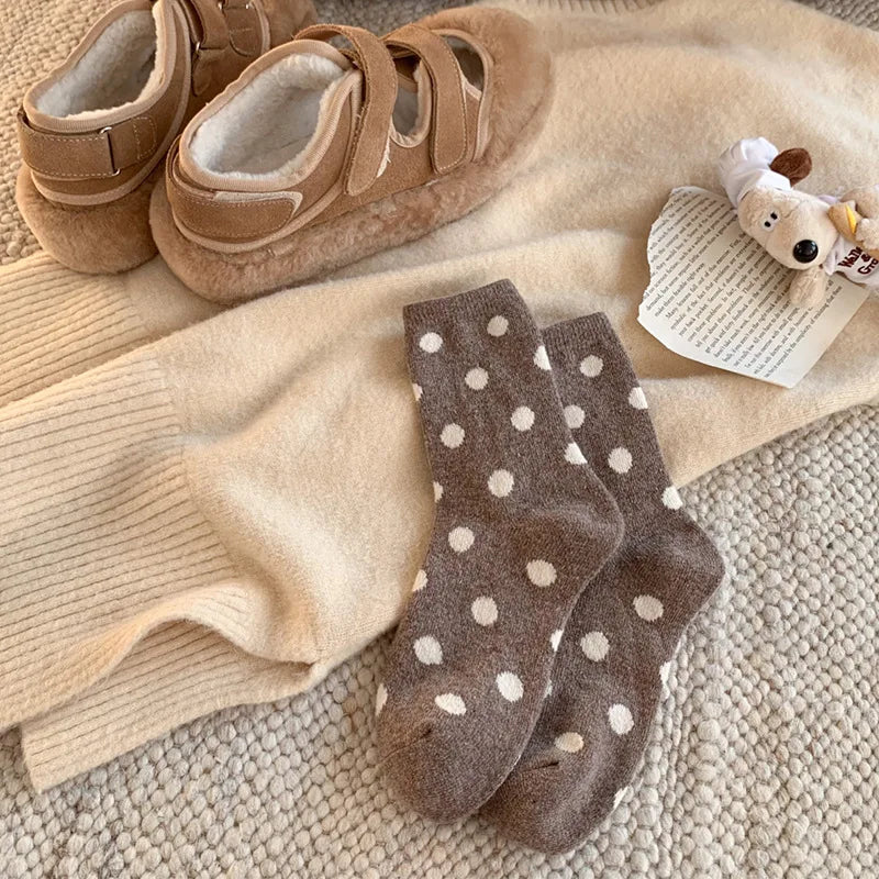 Socks for Women Autumn Winter Thick Warm with Polka Dot Black Maillard Velvet Coffee Mid-tube Socks