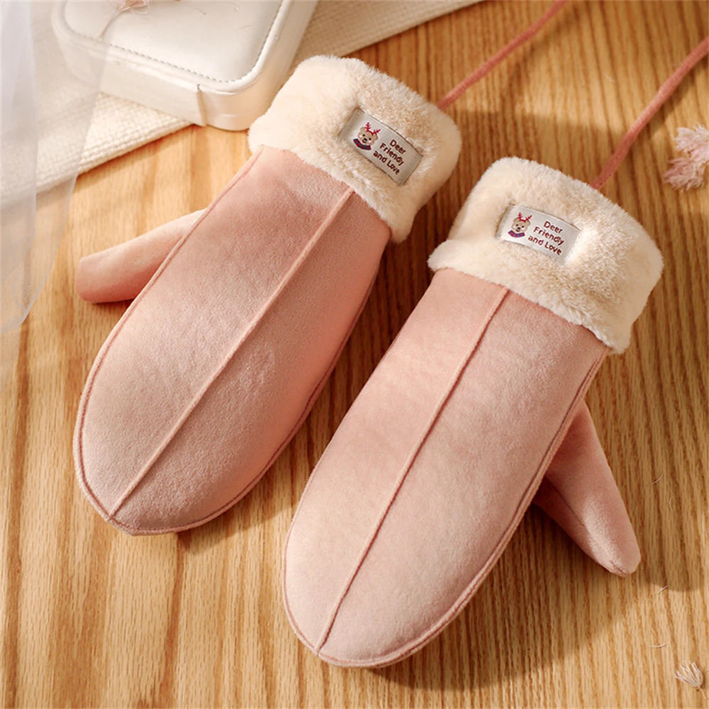 Women's Suede Plush Hanging Neck Gloves Winter Warm Windproof Gloves Outdoor Skiing Cold-Proof Student Mittens Christmas Gift