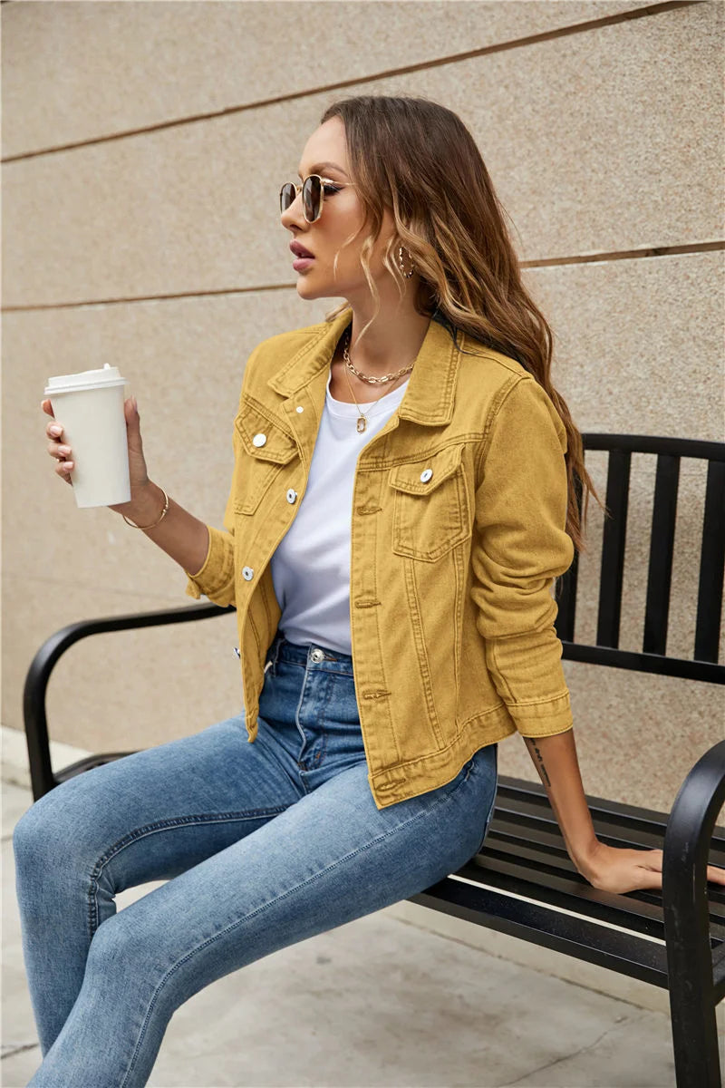 2023 Women's Short Denim Jackets Fashion Female Casual Long Sleeve Lapel Solid Button Pocket Slim Jean Jacket Fall Winter Coat