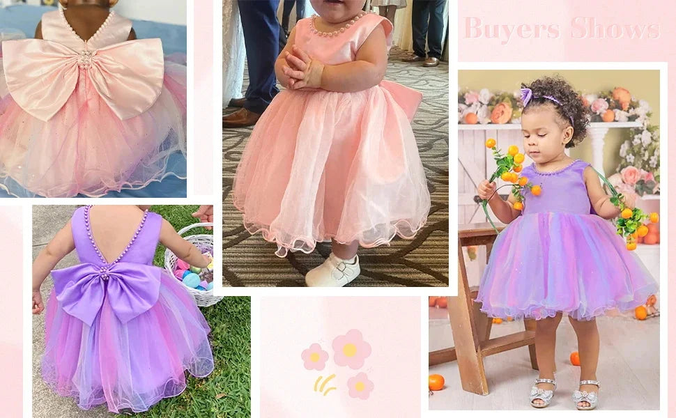 Baby Dresses For 1st Birthday Girls Party Dresses with Headwear Bowknot Toddler Girl Princess Dress Backless Kids Wedding Dress
