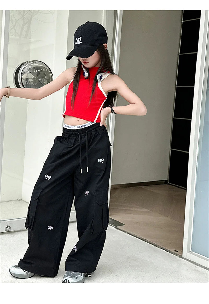 Stylish Loose-fit Cargo Pants Girls Summer Arrival Hip Hop Street Dance Trousers Teenage Streetwear Baggy Joggers Pants 5-14Y