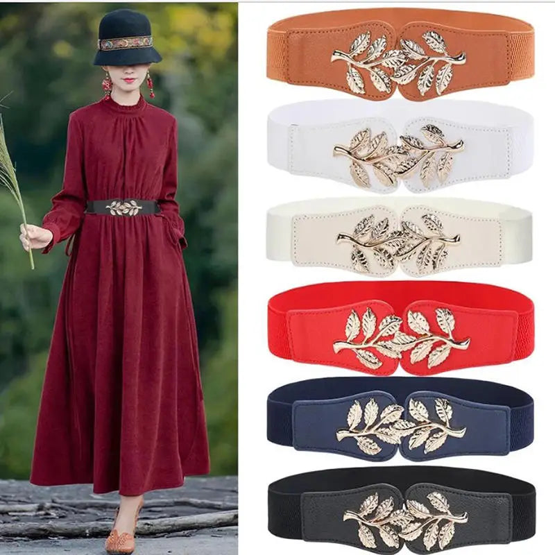 Women's Waist Cover Fashionable Gold Leaf Elastic Waist Closure With Double Hook Buckle Wide Belt Paired With Skirt Women Belt