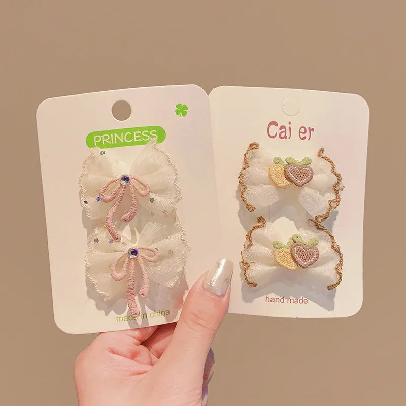 2PCS/Set Kids Headdress Sided Clips Lace Embroidery Flower Bow Hair Clips for Baby Girl Sweet Bowknot Princess Barrettes Hairpin