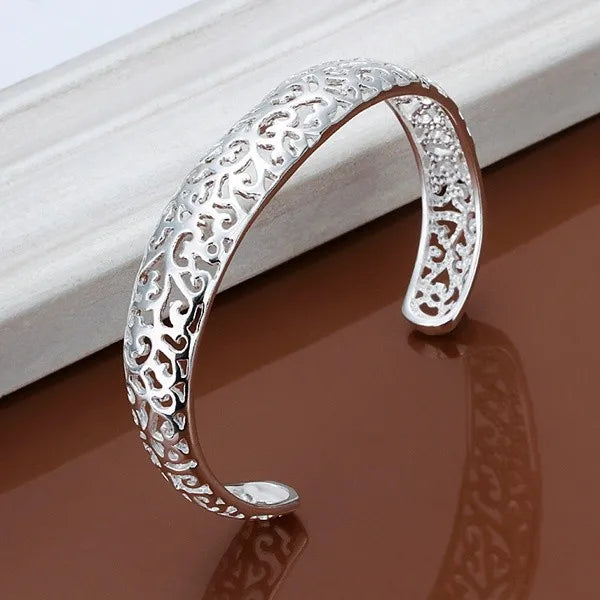 925 Sterling Silver Open Bangle Bracelet for Women Lady Girl Cute Favorite Gift Retro Charm Exquisite Circular Fashion Jewelry
