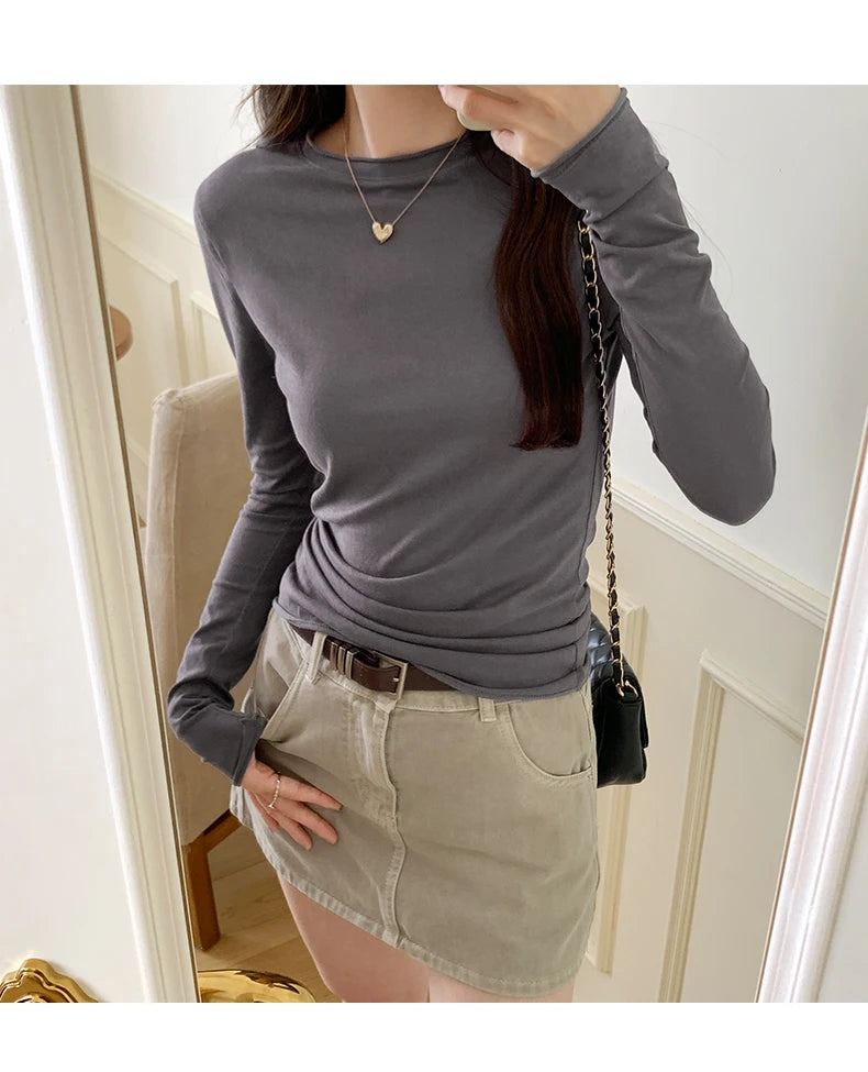 2025 Spring Autumn T shirt Women Tops Solid Slim Fit Long Sleeve O Neck Tshirts Female Casual Streetwear High Quality Base Tees