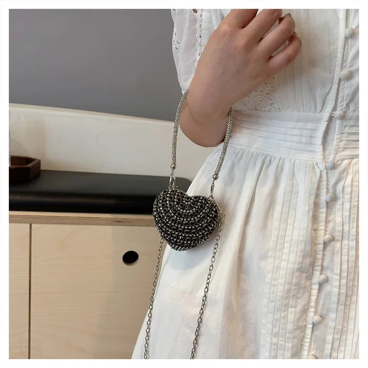 Luxury Mini Diamond Inlay Heart Shape Crystal Clutch Purse Stones Evening Wedding Party Shoulder Bag Handle Rhinestone Handbags