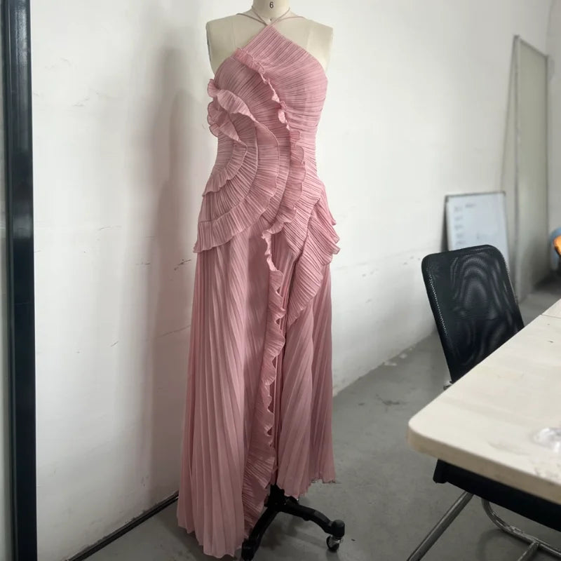 Sweet Gown Neck Strap Modest Irregular Long Dress Ruffle Eye-Catching Women Designers Dresses Summer Elegant Pastel Party Date