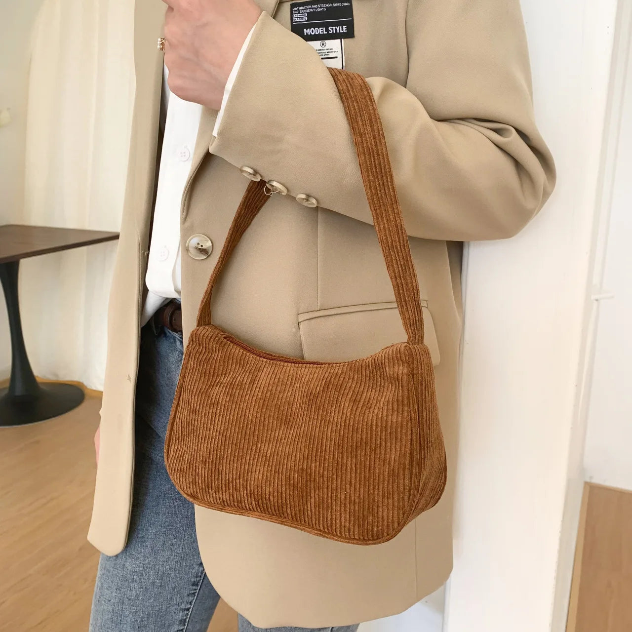 Fashion Vintage Women Handbags Corduroy Underarm Bag Casual Women Shoulder Bags Solid Color Zipper Female Handbag