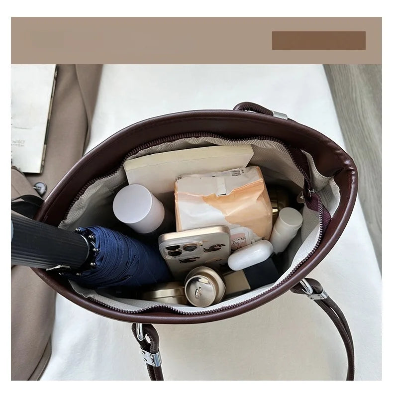 Pu Women's Shoulder Bag Stylish And Simple Solid Color Handbag Adjustable Shoulder Strap Waterproof Large Capacity Bucket Bag