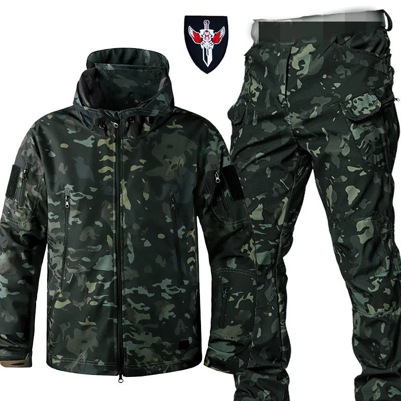 Tactical Winter Set Men's Outdoor Windproof Waterproof Suit Multi-Pocket Soft Shell Hooded Jackets Sharkskin Work Pants