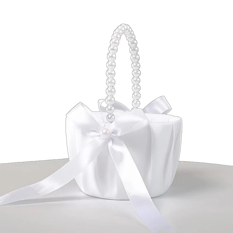 Wedding White Satin Bow Flower basket Flower Carrying basket with pearl handle suitable for bridesmaids and flower girls