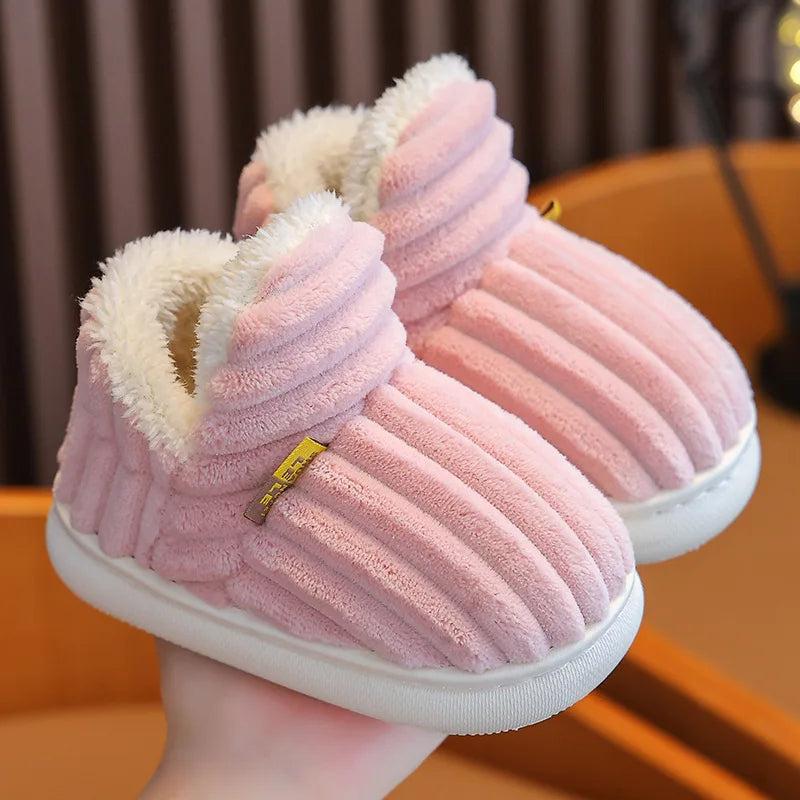 Winter children's cotton slippers for boys and girls, anti slip and warm bags, and parent-child fuzzy and plush home baby cotton