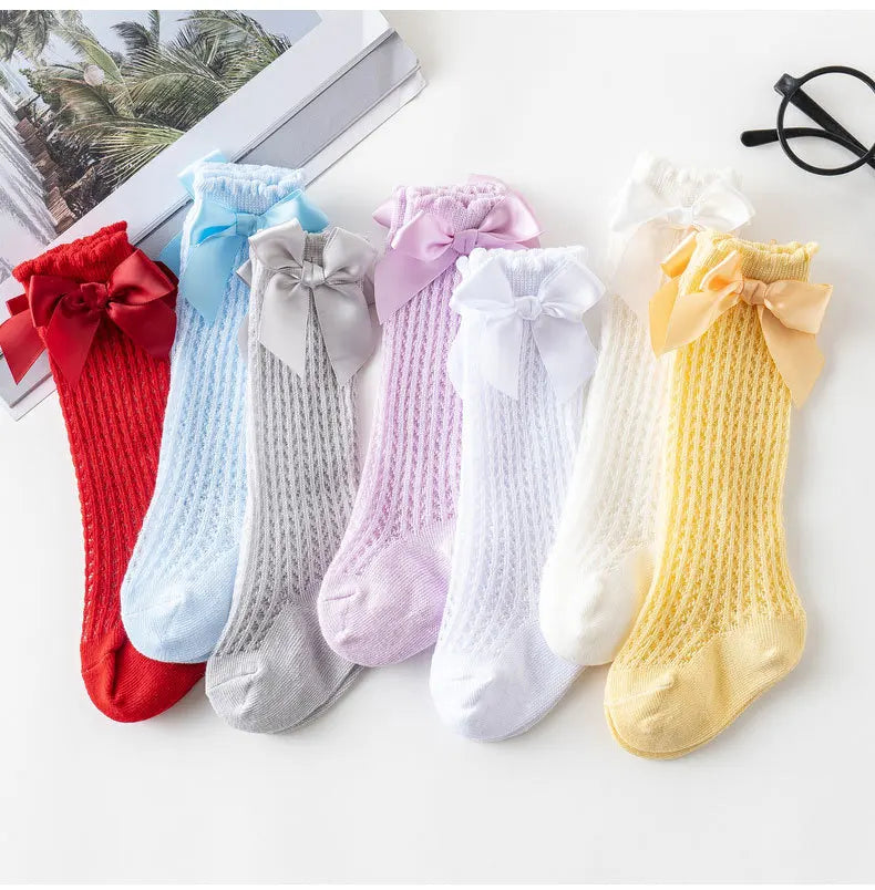 Simmer Spring Mesh Thin Cotton Korean Bow White Stockings Baby Princess Knee High Long Socks with Lace Ruffles for Newborn Girls