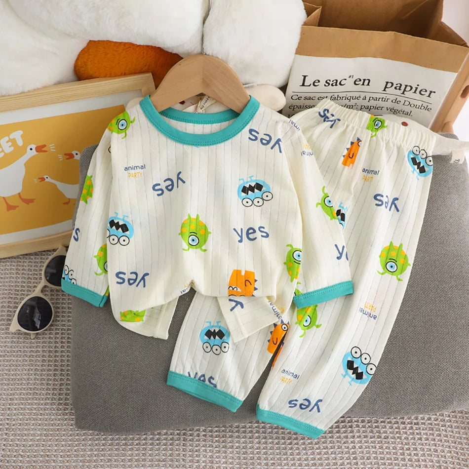 Spring Winter Kids Long Sleeve and Pants Pajamas Set Soft Breathable Baby Sleepwear Cartoon Bear AC Room Wear Boys Girls Clothes